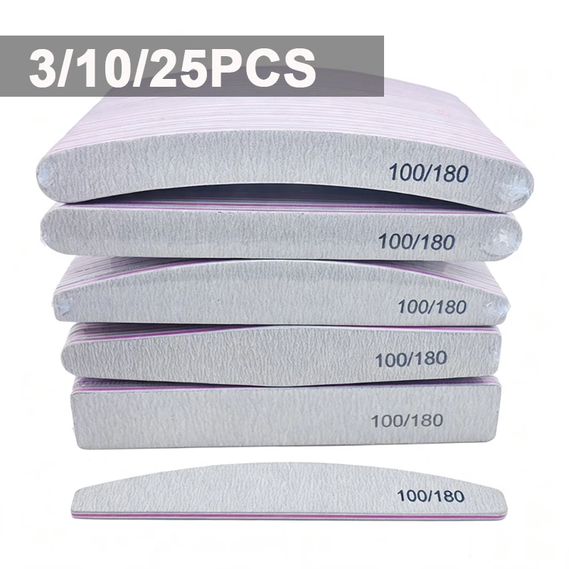 3/10/25Pcs Nail File 100/180 Grit Half Moon Nail Files Double Side Sandpaper Nail Sanding Grinding Gel Nail Polish Manicure Tool