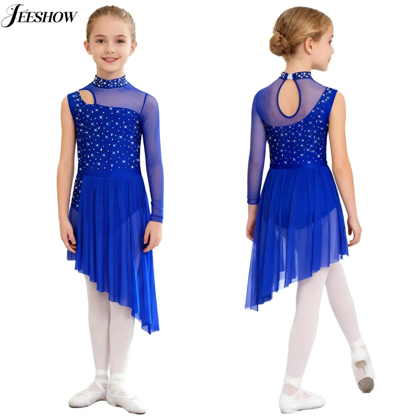 Sukienka do tańca lirycznego dla dziewczynek, z siateczkowymi wstawkami, długim rękawem, nieregularnym dołem, rozcięciem z boku, strój do łyżwiarstwa figurowego i występów tanecznych.