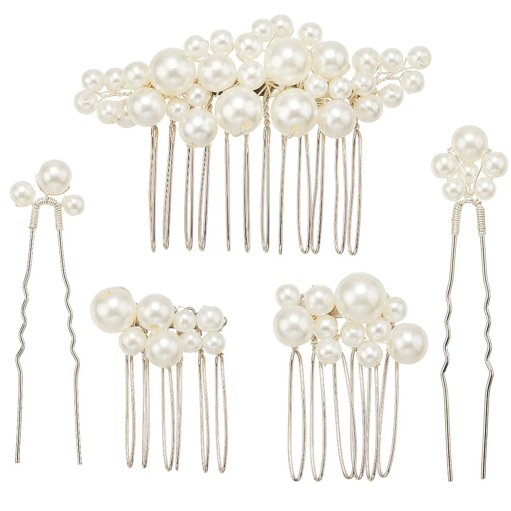 5Pcs Silver Bridal Pearl Hair Pins Clips Combs Decorations Accessories Kit Retro Different Size Barrette U Shape Bobby Pin