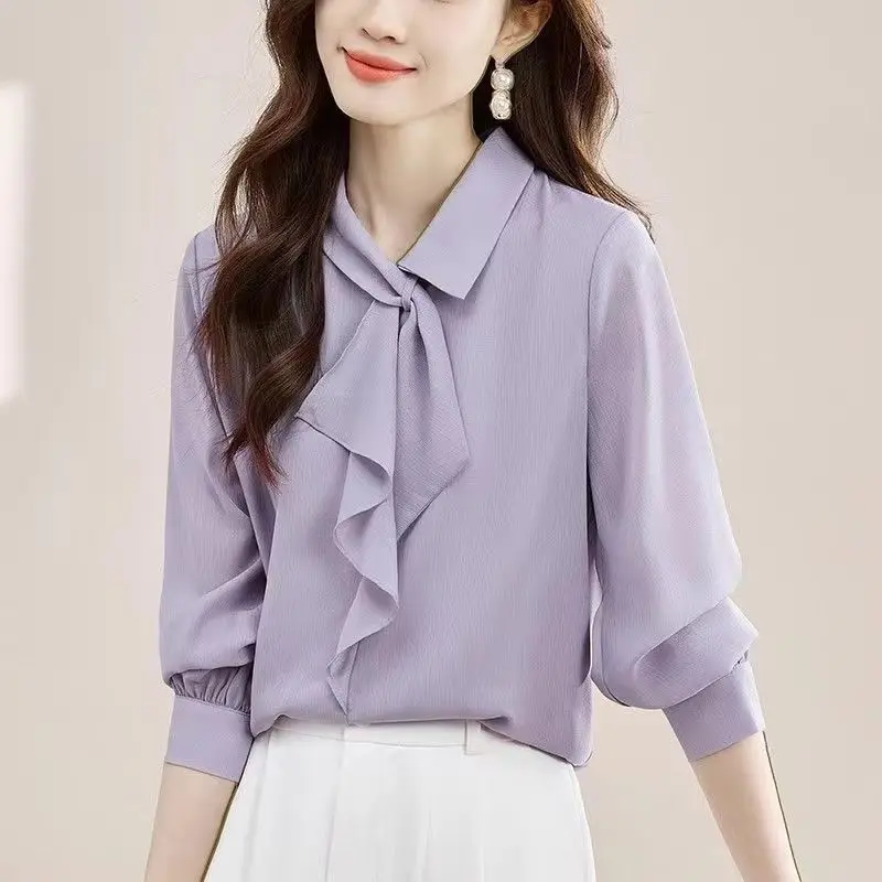 Spring and Autumn Light Mature Commuting Simple and Fashionable Ribbon Collar Loose and Versatile Solid Color Long Sleeved Shirt