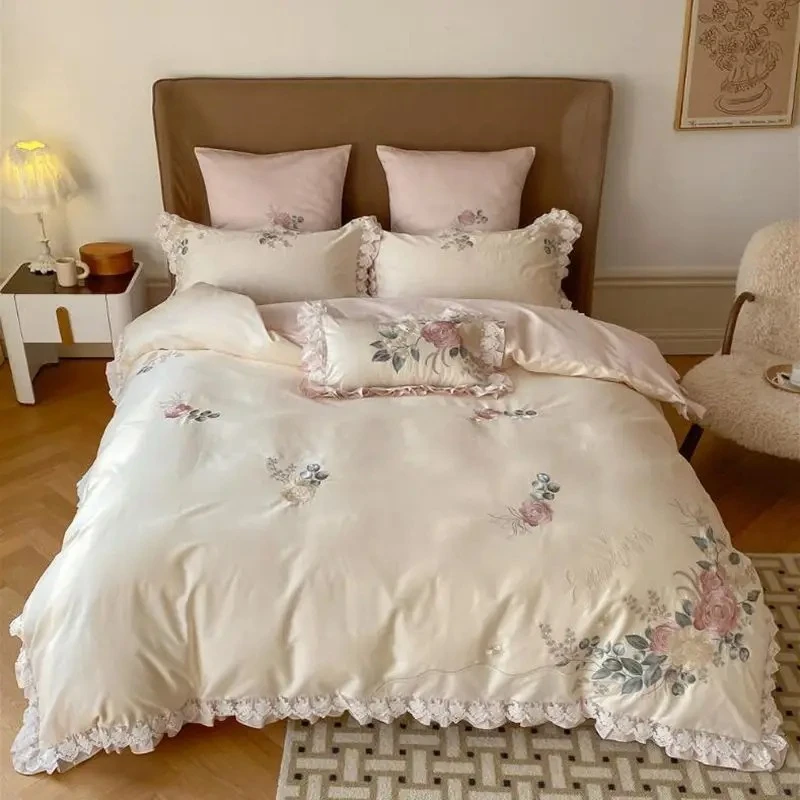 Princess Style Rose Embroidery 100 Count Pure Cotton Lace Edge Four Piece Set