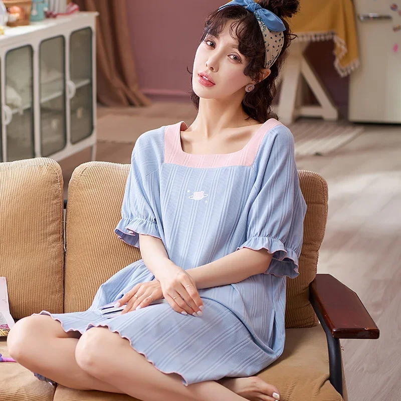 Women Summer Cotton Short Sleeve Sleep Tops Dropshipping Nighty Princess Style Girls Nightgowns Womens Cartoon Sleeping Dress