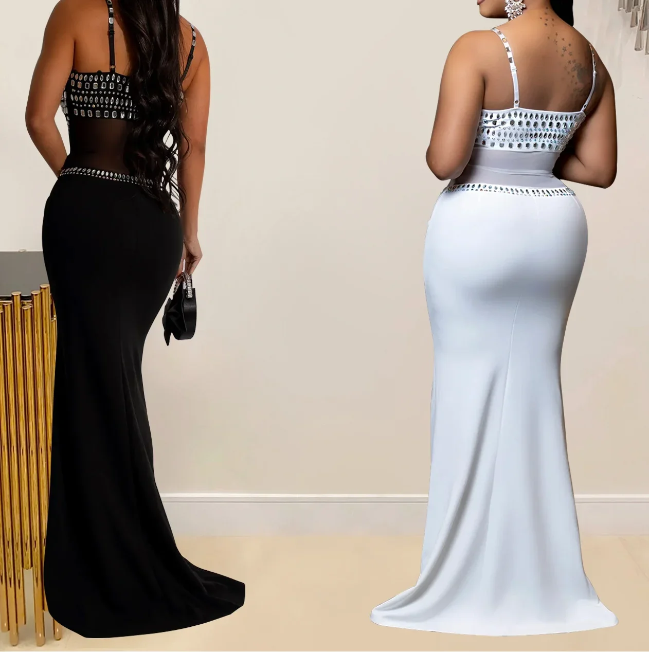 Rhinestone Elegant Dress Women For Wedding Party Cocktail Prom Dress Mesh Black White Sexy Long Formal Evening Dresses Hxy989