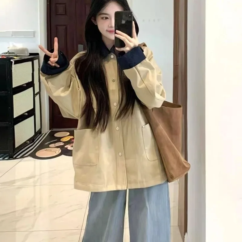 

Женская одежда, весенне-осеннее модное корейское простое пальто на пуговицах, однотонное женское универсальное пальто с карманом и воротником-поло с длинными рукавами
