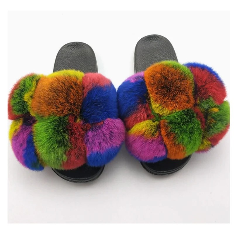 Fluffy Women Slides Pom Fur Slippers Summer Fashion Open Toe Flat Sandals Indoor Outdoor Comfortable Anti Slip Casual Flip Flops
