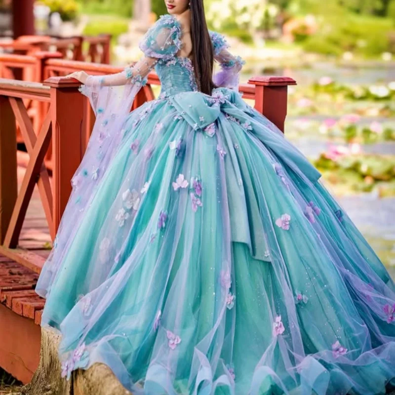 연한 색상의 킨세아녜라 드레스 레이스 튤 글리터 데칼 롱테일 3D 꽃 장식 리본 베스티도스 데 15 킨세아녜라 ﻿ 맞춤형