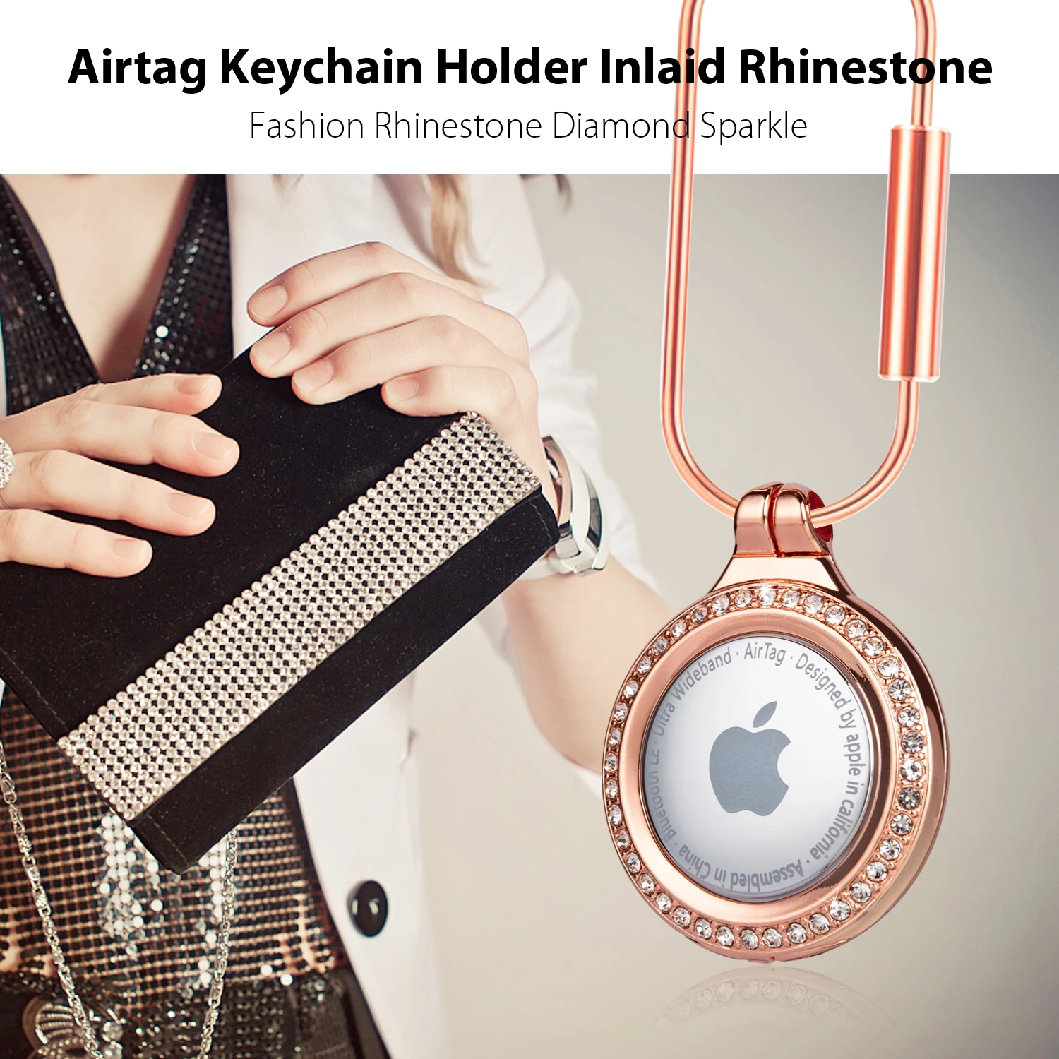 Rose Gold Metal AirTag Holder with Screw Lock, Airtag Keychain Case Inlaid Rhinestone, Fashion Diamonds Shine AirTag Holder.