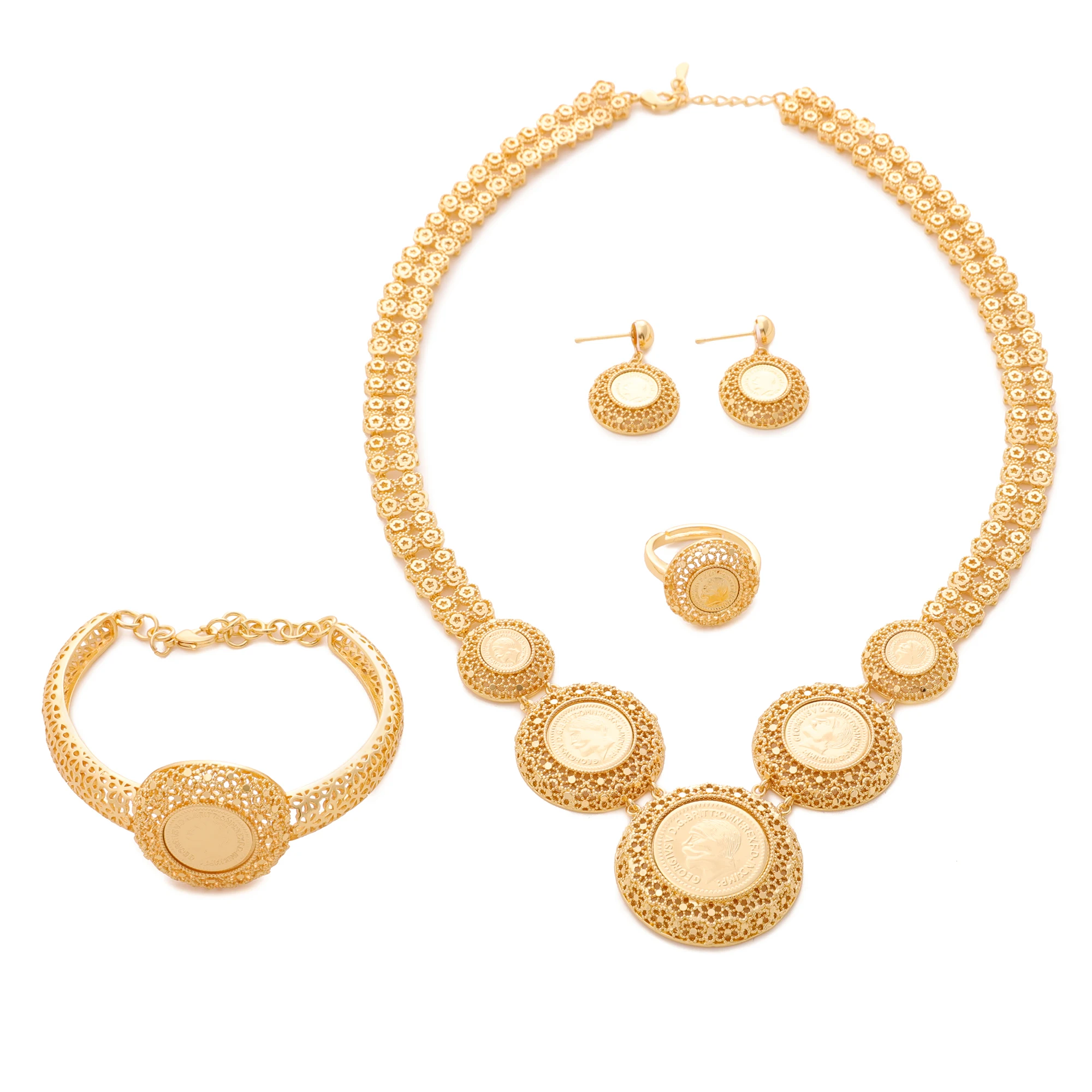 Beautiful women's jewelry set bracelet ring necklace and earrings set with zircon electric gold for wedding gift-giving banquets