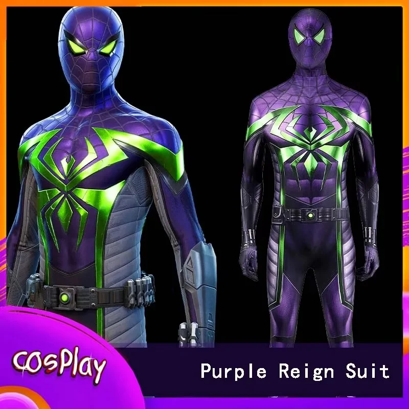 

Костюм Человека-паука Майлс Моралес, фиолетовый костюм для косплея, комбинезон супергероя, комикс, реквизит, боди для взрослых, подарок на Рождество