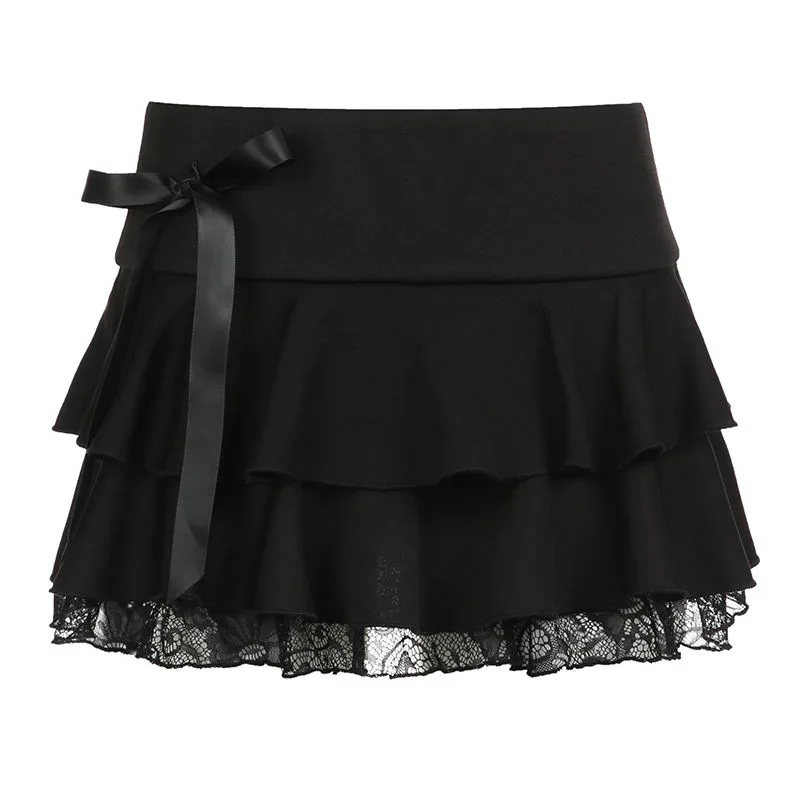 

Goth Y2K Black Lace Trim Bow A Line Mini Skirt Women Korean Streetwear
