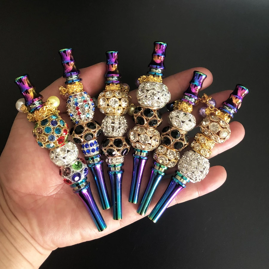 Luxury Bling Zinc Alloy Rainbow Rod Blunt Holder Handmade Metal Hookah Mouthpiece Mouth Tip with Rhinestones Jewelry