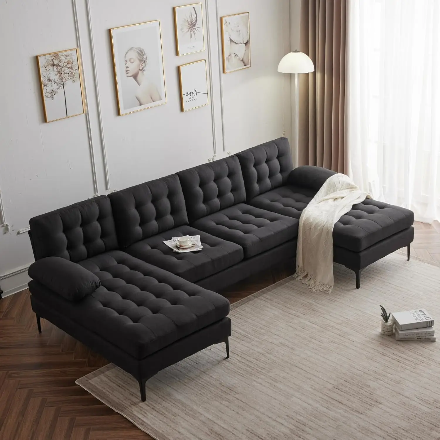 

Sectional Sofa U-Shape Sofa Couch Fabric Upholstered Sectional Sofa with Double Chaises & Metal Legs, Lattice Decorated