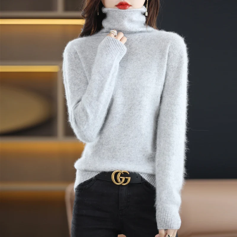 Autumn and Winter New Women\'s Clothing Sweater 100% Mink Cashmere Pile Collar Pullover Casual Knitted Basic Large Size Tops