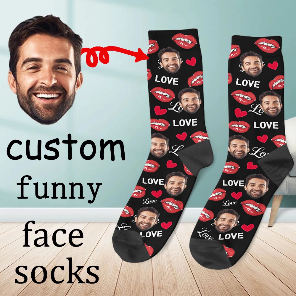 

Customized printed face socks your picture DIY sweet red lips cool style personality fashion love theme couple socks neutral