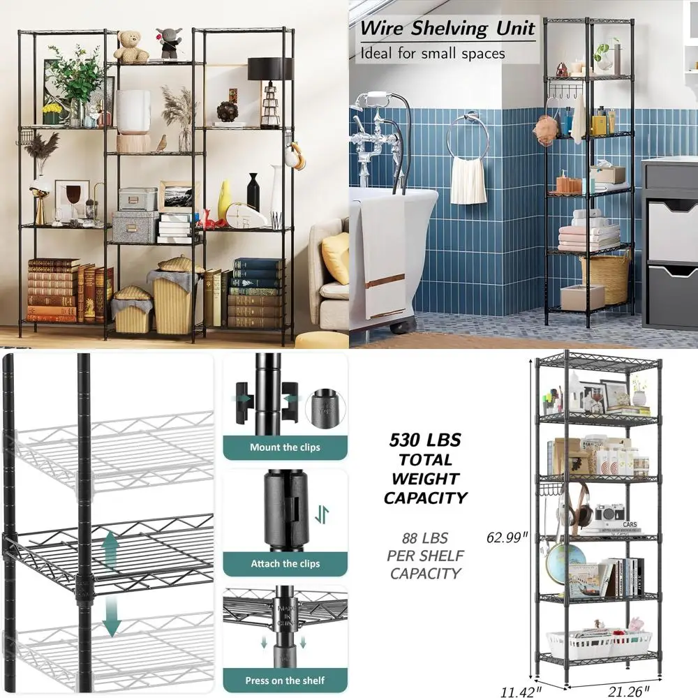 

6-Tier Wire Shelving Unit with Adjustable Levels for Home or Office Storage, Stainless Steel, Black