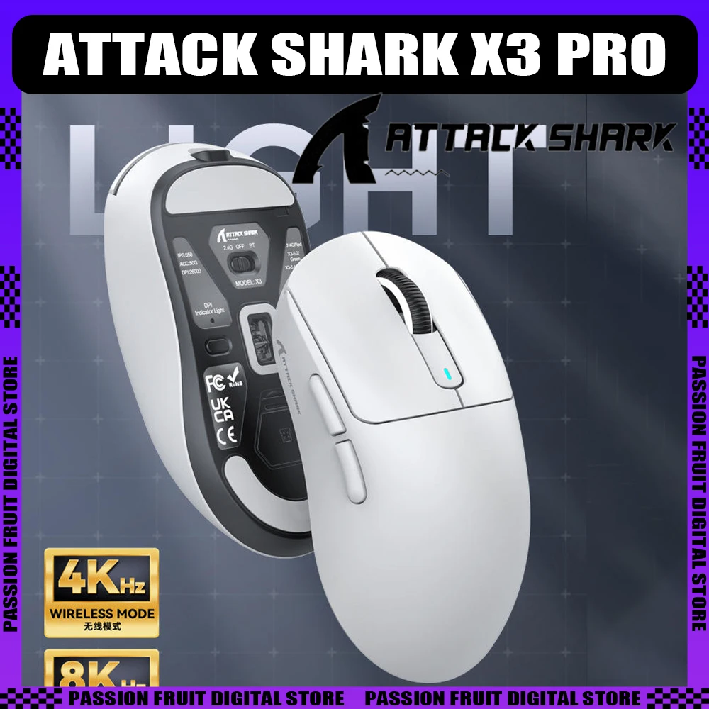 

Беспроводная мышь Attack Shark X3 Pro 4k Reciver Paw3395 Sensor Tri Mode Легкая игровая мышь для киберспорта ПК Аксессуары для геймеров Подарок