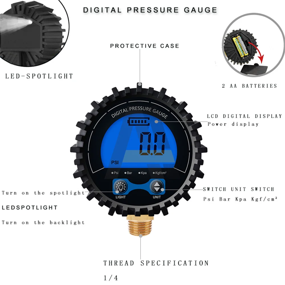 Jauge de pression d\'air numérique pour voiture et moto, écran LCD rétro4.2, filetage en cuivre, haute précision, 3-255PSI