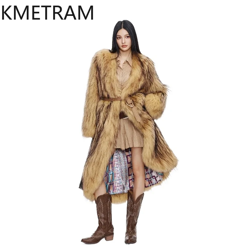 KMETRAM 100% Finnish Raccoon Fur Coat Woman Luxury V-Neck Long Winter Coats Belted Knitted Fur Jacket Women Clothing 115cm 2026
