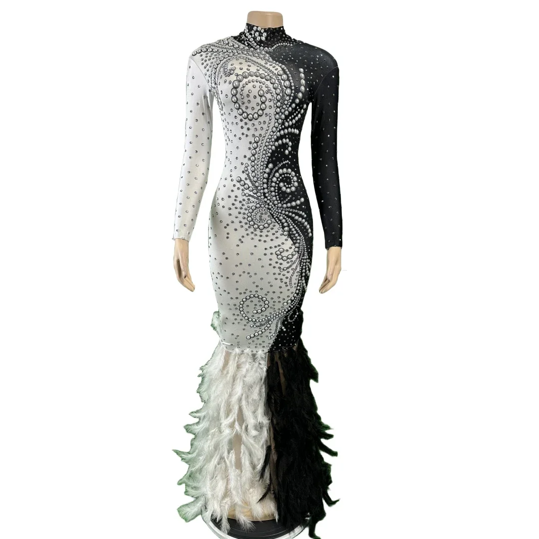 Women Rhinestone Nightout Bodycon Dress With Feather Graduation Cloth New Pearl Print Long Sleeve Birthday Queen Night Out Date