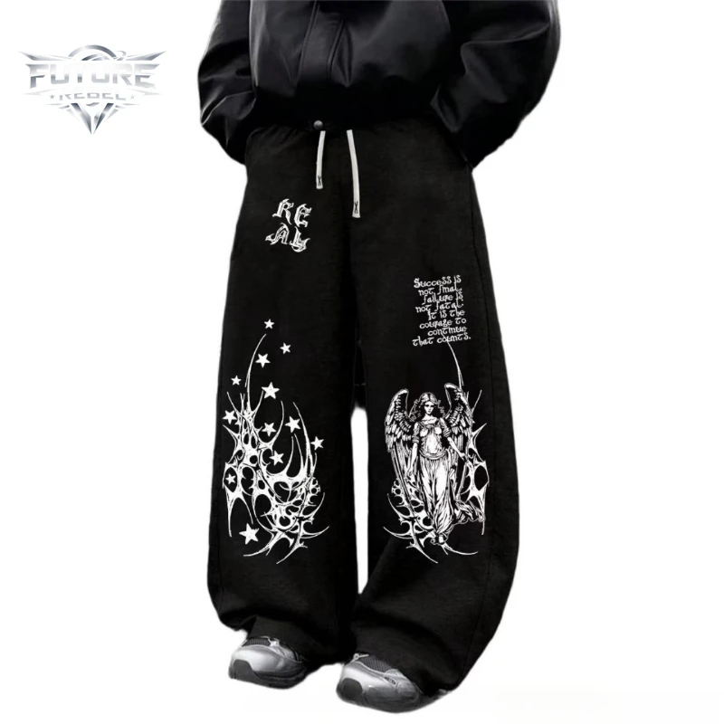 Grunge Angel Print Sweatpants Men Gothic Y2K Wide Leg Baggy Casual Trousers Hip Hop Streetwear Harajuku Long Sports Pants Unisex