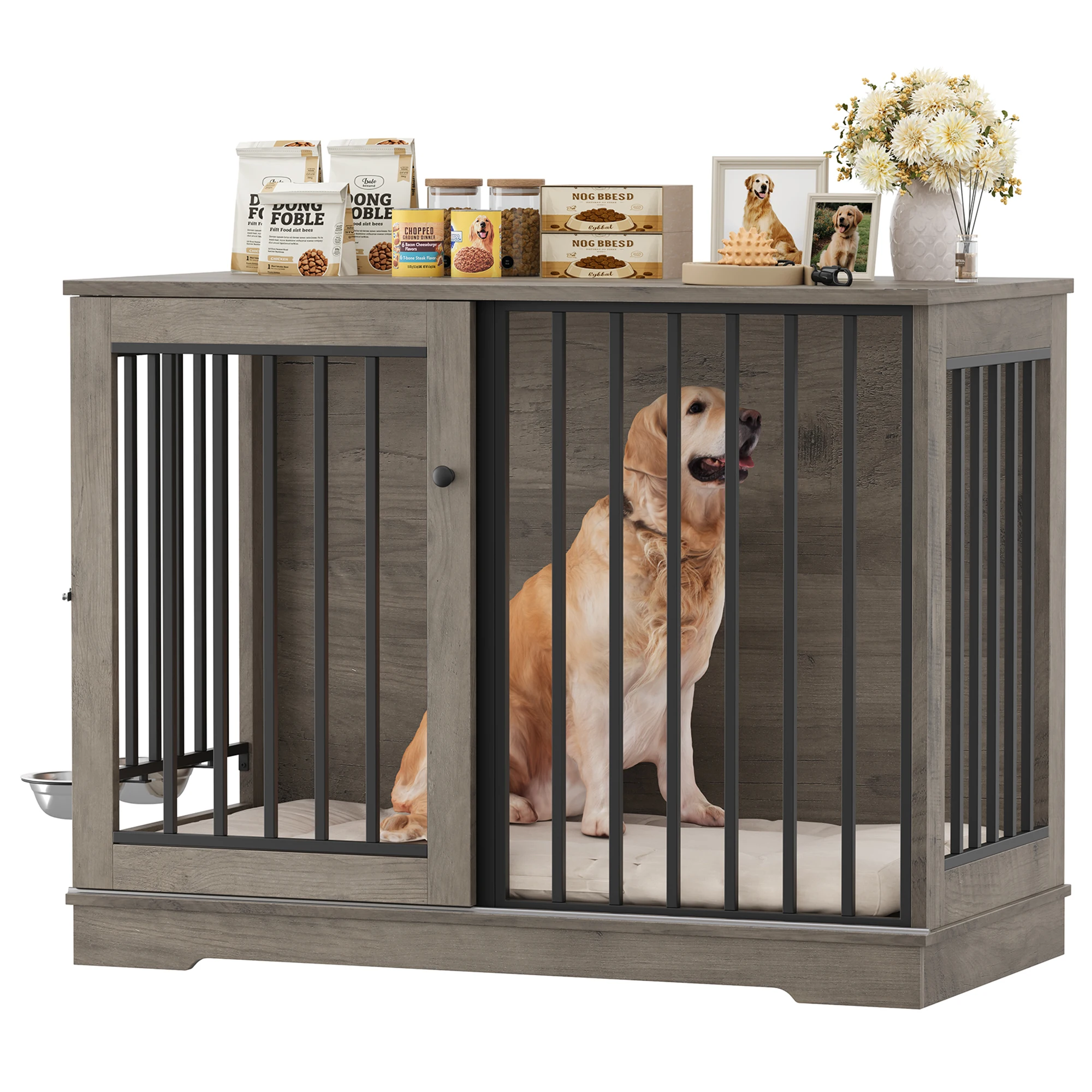 Getone hondenkooi, hondenbox voor thuis 120 cm, hondenkooi XXL voor grote honden thuis, gemaakt van metaalhout 120x60x90cm Wit/Bruin