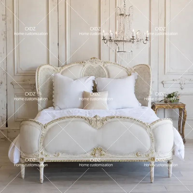 Solid Wood Carved Floral Double Bed 1.8m American Country Retro Vintage Princess Style Rattan Frame Bedroom Furniture