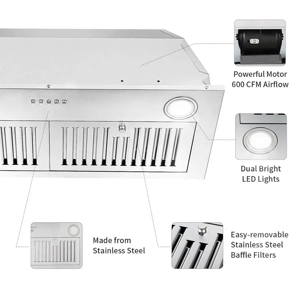 Okap kuchenny ze stali nierdzewnej 30 cali, 600 CFM, wbudowany okap z przyciskami na przód i oświetleniem LED, filtry przegrodowe.