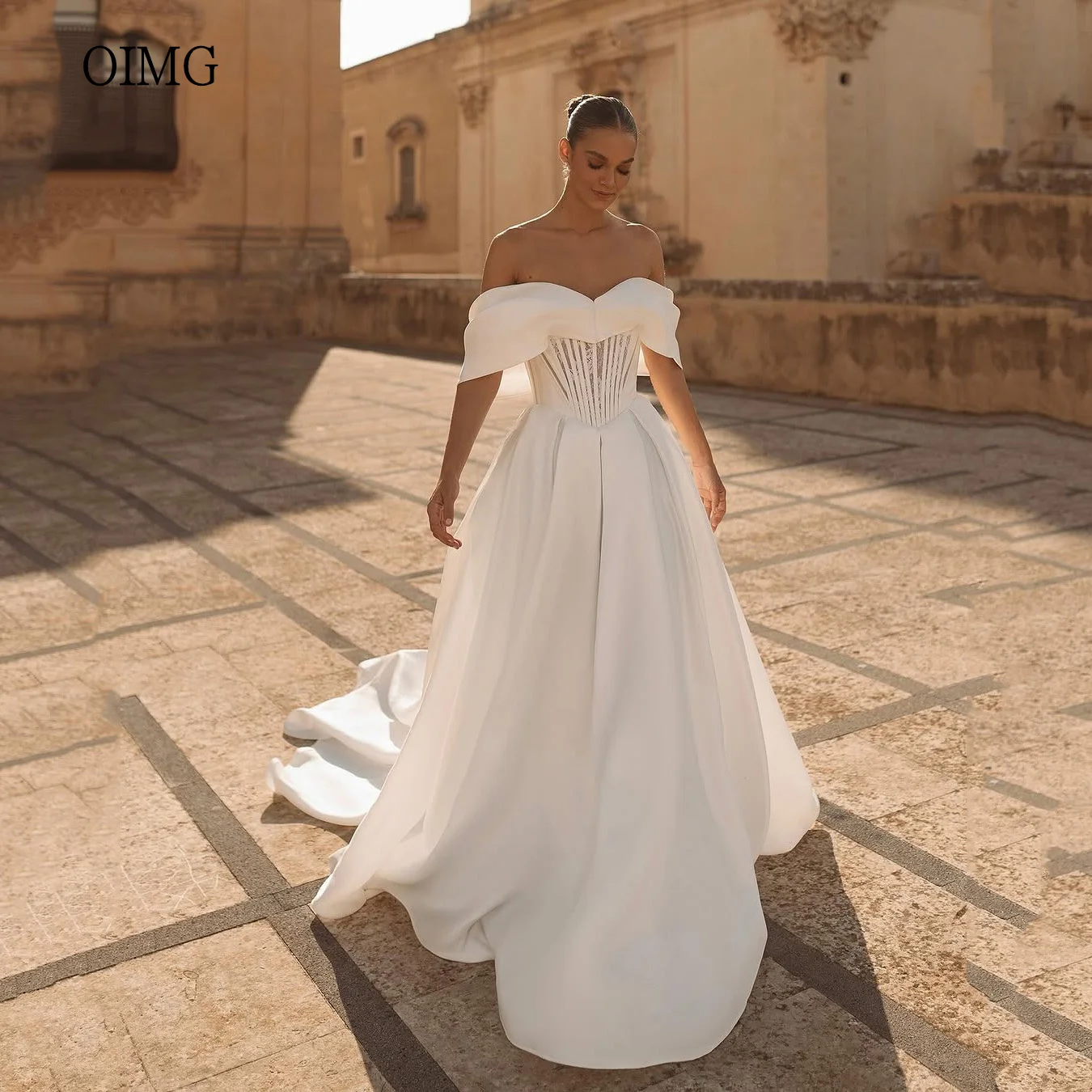 

OIMG Princess Ivory A Line Wedding Dress Off The Shoulder Bride Dresses Stain Floor Length Wedding Gowns Customized