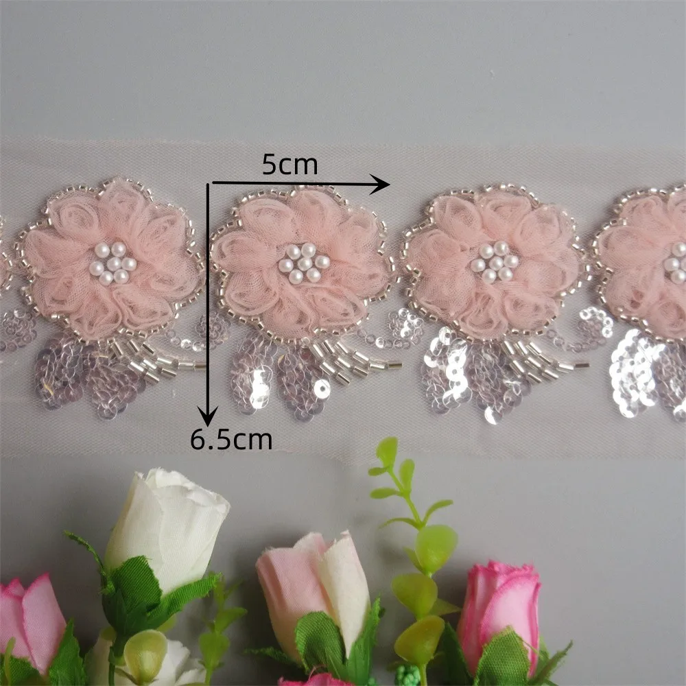 6.5*5cm 10x Pink 3D Sequins Beads Flower Lace Trim Ribbon Voile Applique Embroidered Sewing Craft Dress Clothes Hat Decoration