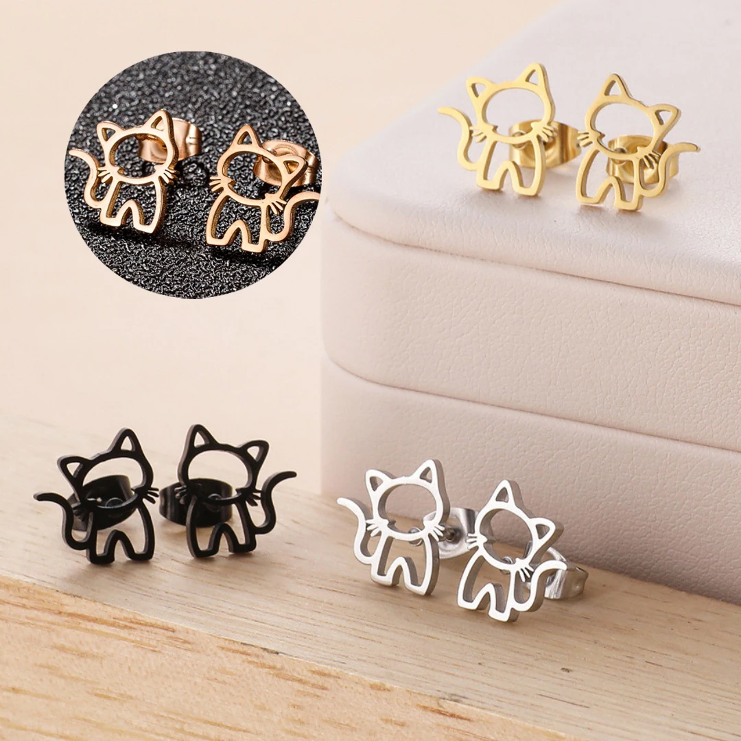 Bonitos pendientes de gato de acero inoxidable, diseño de gatito pequeño para niñas, joyería de animales pequeños, regalos, uso diario de moda, hipoalergénico