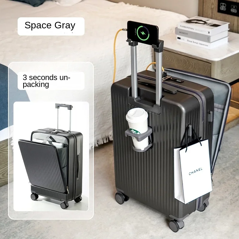 Luggage Unisex Zipper Front Opening Travel Suitcases on Wheels PC Business Trolley Password USB Rolling Case Carry-Ons