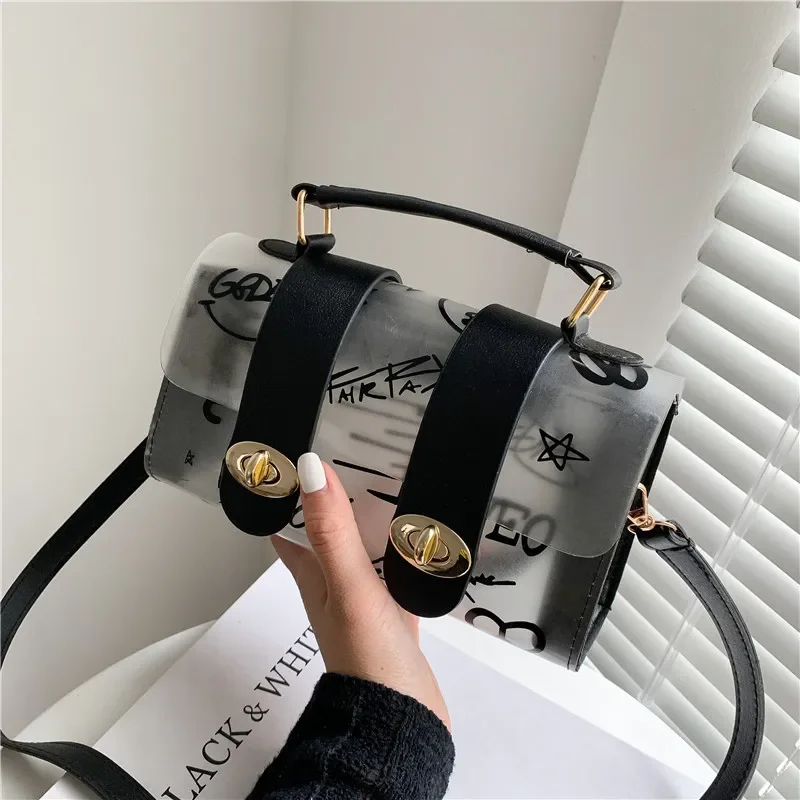 2023 Fashion Women Transparent Montage Pattern Shoulder Bag Hardware Chain Strap Color Block Messenger Handbag Composite Tote