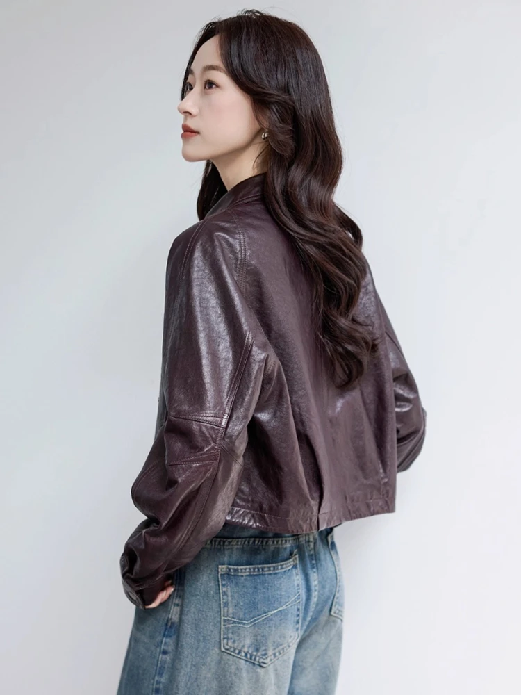 سترات كاجوال قصيرة من الجلد الطبيعي للدراجات النارية للنساء لربيع الخريف معطف من جلد الغنم الحقيقي البسيط والصلب والزيت