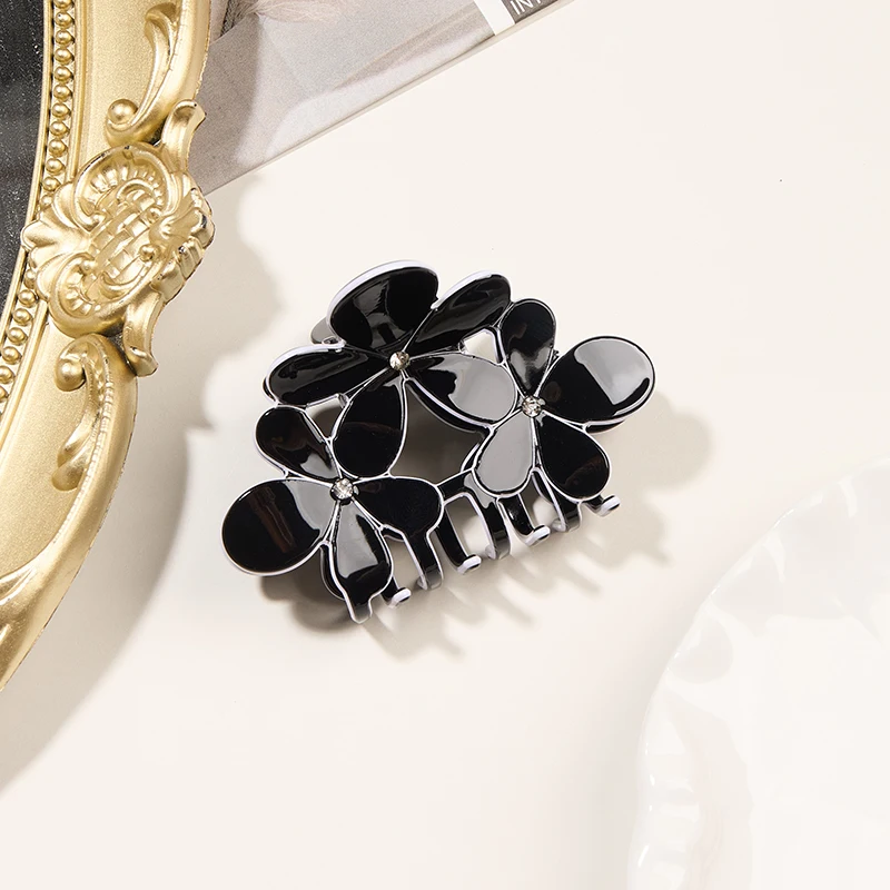กิ๊บหนีบผมทรงกรงเล็บสีดำประดับคริสตัลลายดอกไม้ สำหรับผู้หญิง ป้องกันการลื่น จับผมได้แน่น สำหรับผมหนา เครื่องประดับผมแฟชั่น