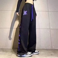 Korean Women's 2024 Spring Autumn New Patchwork Elasticized High-waisted Drawstring Pocket Letter Fashion Loose Casual Pants
