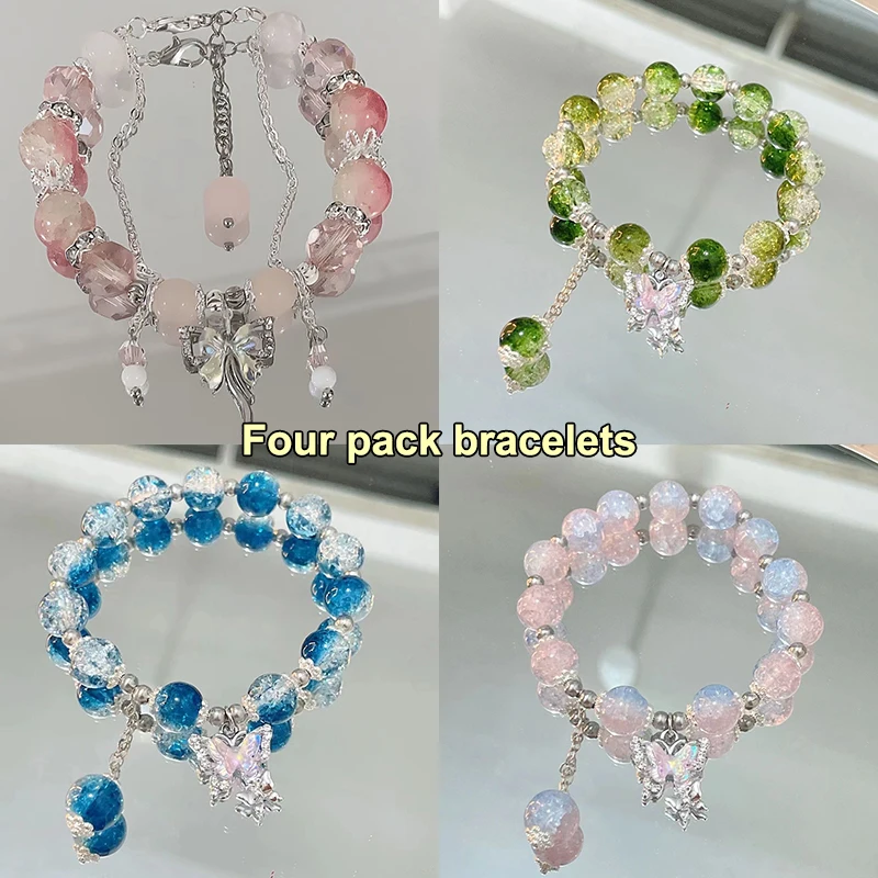 Elegante braccialetto da donna con perline di farfalla e fiocco con fiori di fenice rosa