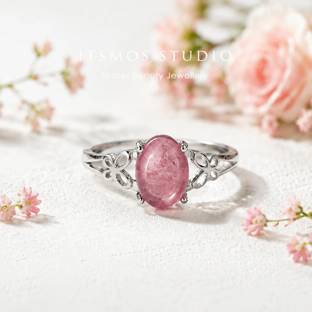 Anillo de Cuarzo Rosa con Piedra de Amor Natural ITSMOS, Joyería Elegante para Mujer con Gema de Mariposa para Sanación Emocional y Estilo Coquette