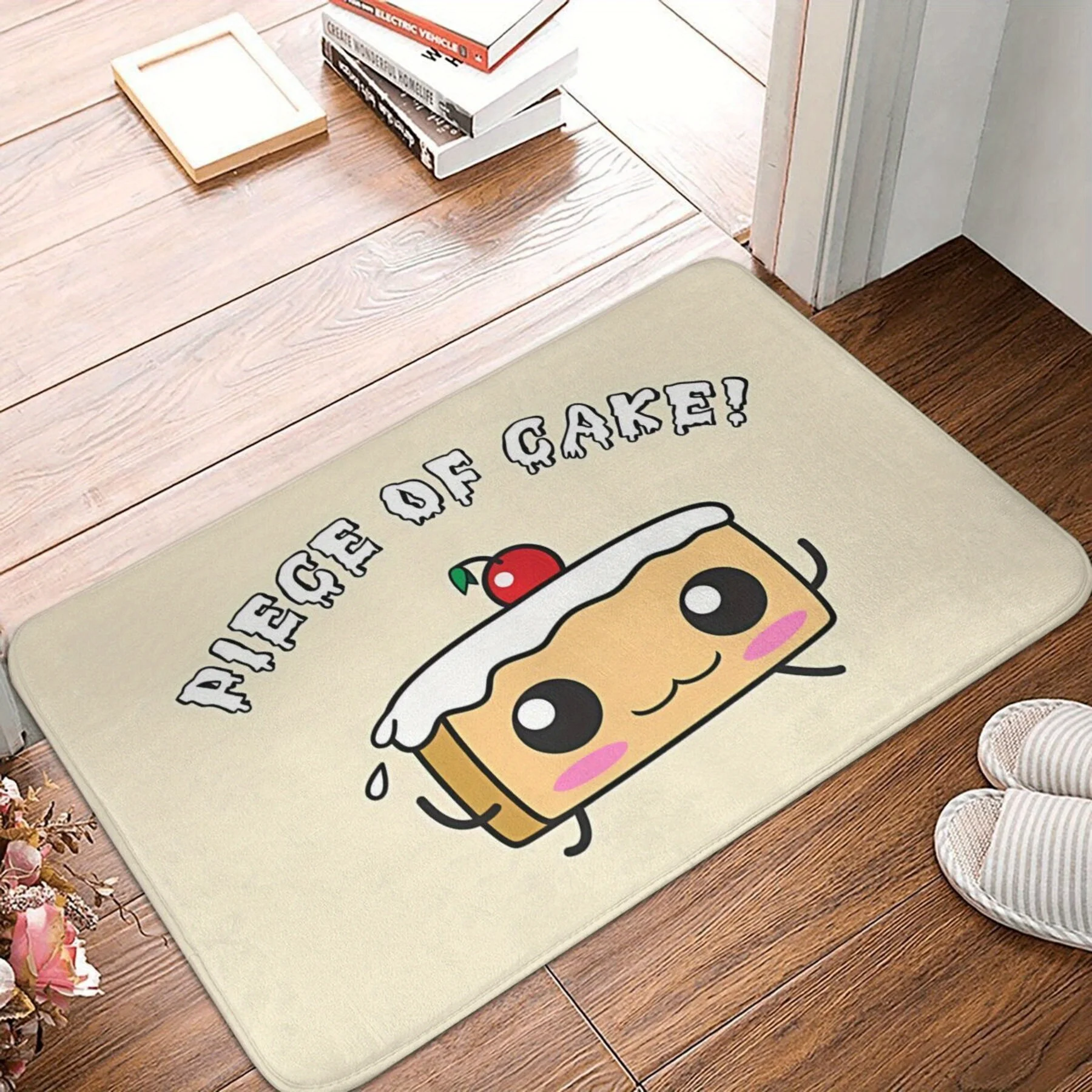 “PIECE OF CAKE!” Cartoon Cake Doormat – Cream, Kawaii Slice with Cherry, Flannel, Non-Slip, Machine Washable, Indoor Use Only