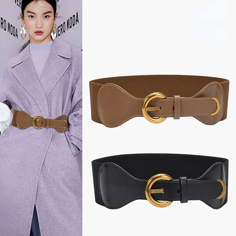 

Fashion Elastic Women's Belts Golden Buckle Wide Waist Belt Dress Coat Luxury Brand Waistbands Waist Seal Stretch Cummerband