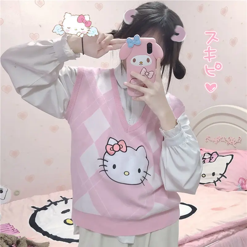 Sanrio Hello Kitty Pink Sweater Vest Kawaii Sleeveless Pullovers Women Japanese Style Cute Sweaters Y2K Sweet Tank Tops Outwear