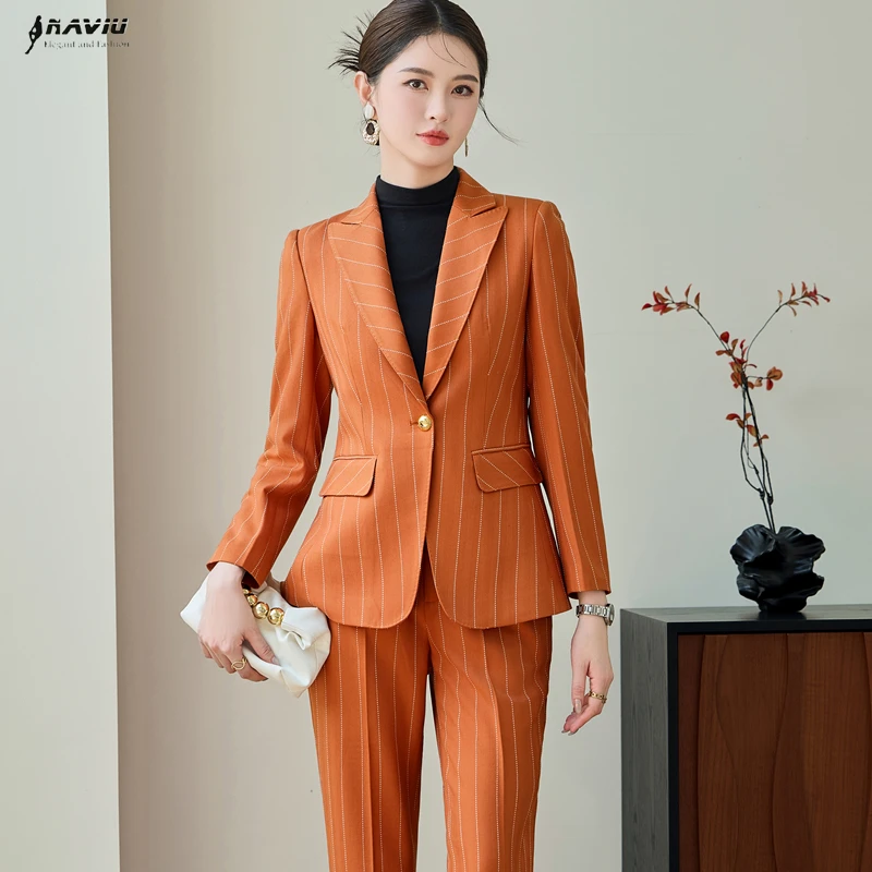 

NAVIU Тонкий комплект из 2 предметов для офиса, женская новая мода, темпераментный полосатый блейзер с одной пуговицей и брюки, офисная женская рабочая одежда