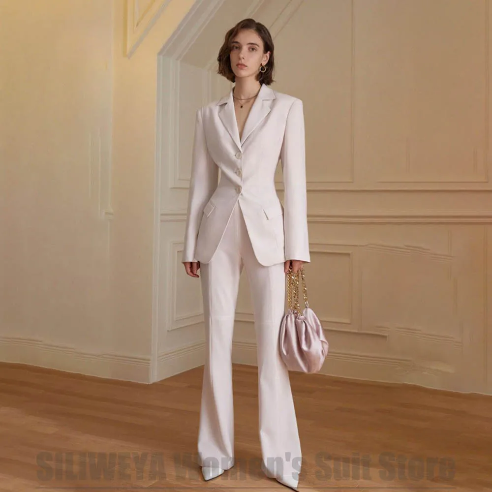 

White Women's Suit Notch Lapel Blazer with Flared Pants Set Slim Fit Formal Outfit for Wedding Prom Office Lady Suits 2 Piece