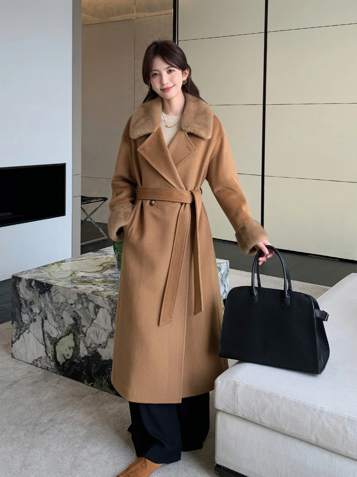 New natural fur fur jacket Autumn and winter real fox fur collar real wool coat Women's mid-length coat fur collar