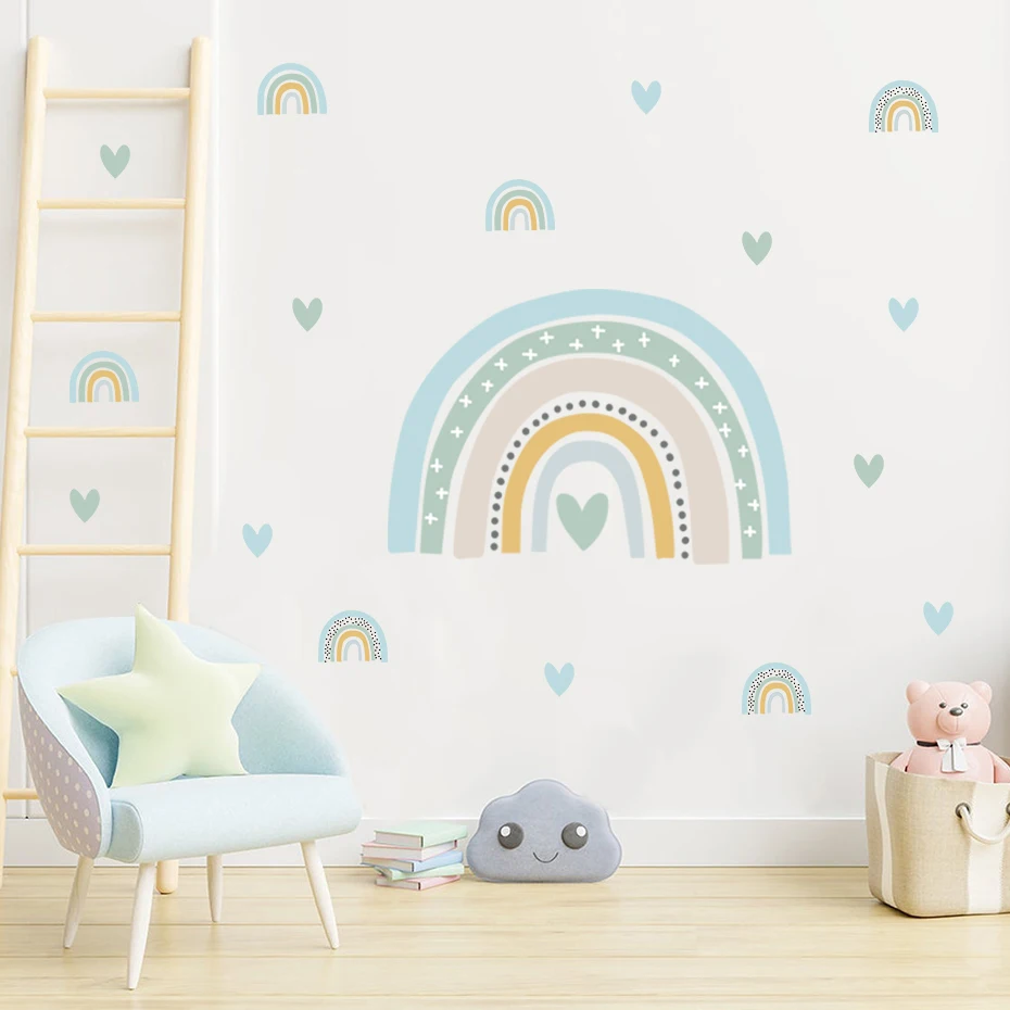 Rainbow Trendy Boho Pink Blue Sweet Hearts Wall Decals Nursery Girls Bedroom Decor Art Sticker Mural Baby Room Home Decoration