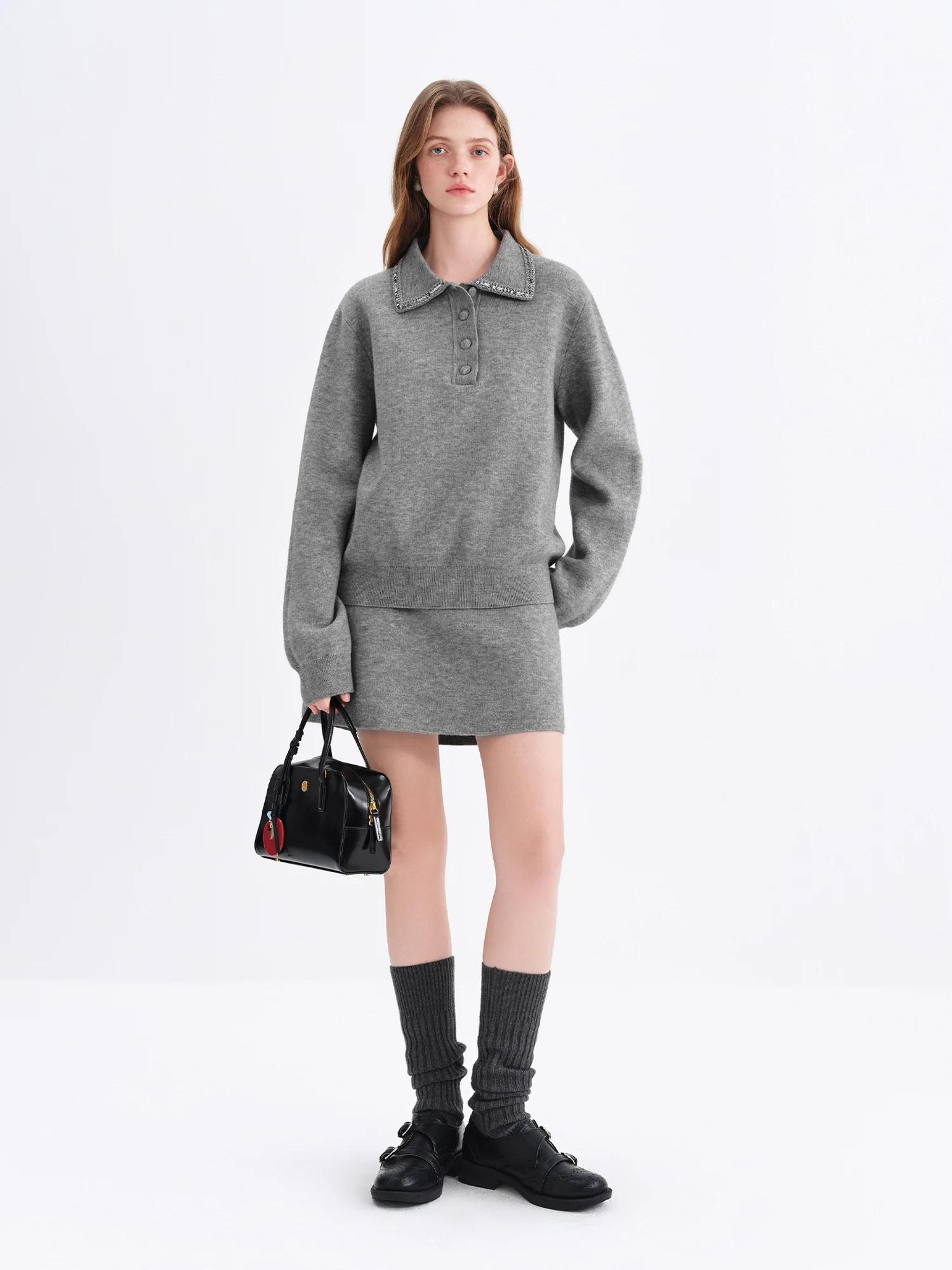 FSLE Autumn Winter 2025 Elegance Starlight Gray Polo Collar Knit Sweater Skirt Set Two-Piece Chic Soft and Versatile Outfit Sets