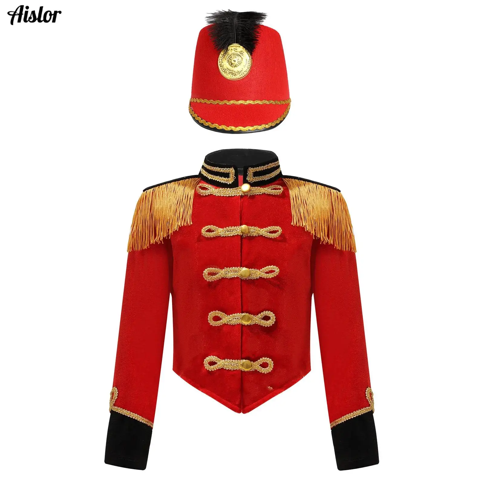

Boys Girls Circus Ringmaster Jacket Drummer Cosplay Performance Costume Stand Collar Long Sleeve Fringe Epaulet Coat and Hat Set