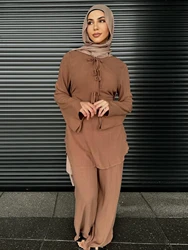 Ramadan Two Piece Sets Tops and Pants Women Muslim Abaya Bow Shirt Dresses Moroccan Kaftan Islamic Musulman Ensembles Sets 2025