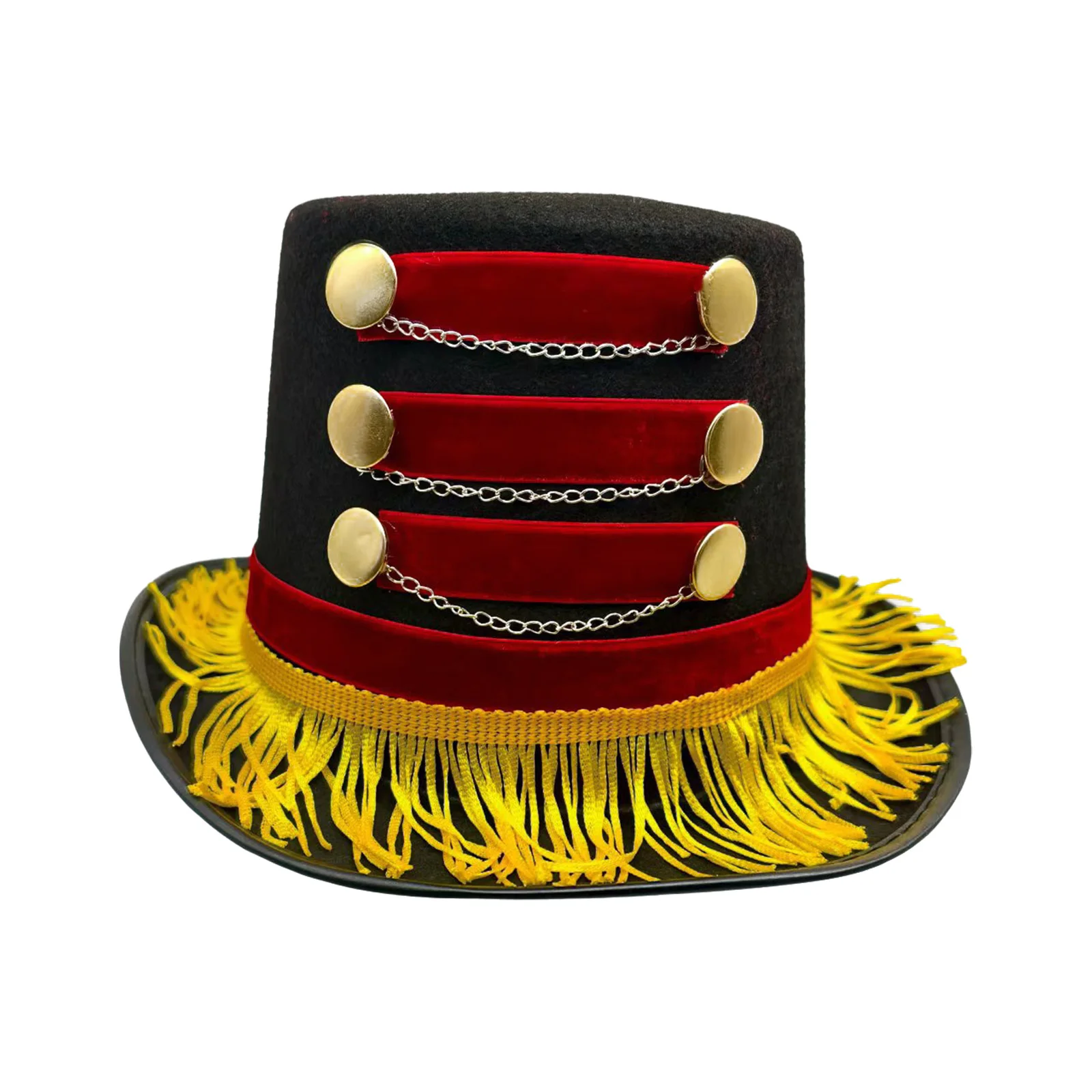 Chapeau de maître de cirque rouge et noir, 1 pièce, chapeau d'entraîneur de cirque avec boutons ou chaînes dorées, accessoire de Costume d'halloween Burlesque de carnaval