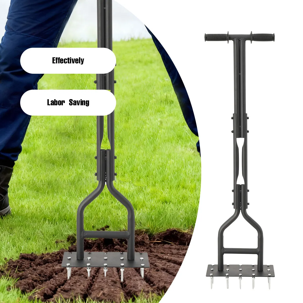 Aeratore manuale per prato, strumento ad alta efficienza per aerare il prato, con manico a T da 25 cm, pedale largo e base da 25,6 x 13 cm. Rompe la crosta del terreno per favorire l'accesso di acqua,