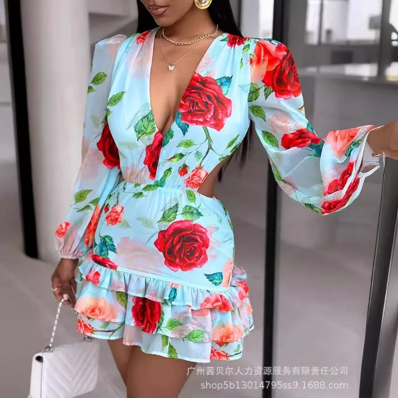 

2024 Spring Summer New Dress Women's Sexy V-neck Hollow Out Printed Dress Women's Fashion Ruffled Stitching Long Sleeve Dress